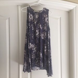 Blue Floral Print Sun Dress Knee/Mid Thigh Length